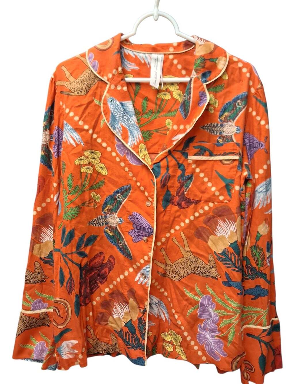 Rosa de Weerd for Anthropologie Flannel Sleep Top Orange Botanical Animal Print